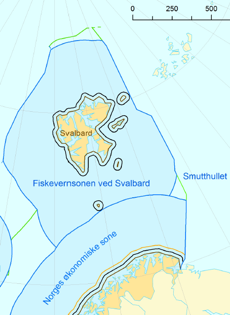 Fiskevernsonen rundt Svalbard. (Utklipp fra Kartverkets oversikt over Norges maritime grenser).