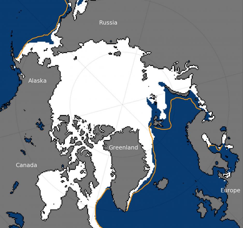 Average ice extent in January 2017. Yellow line denotes historical average 1981-2010. (Source: Courtesy of NSIDC)