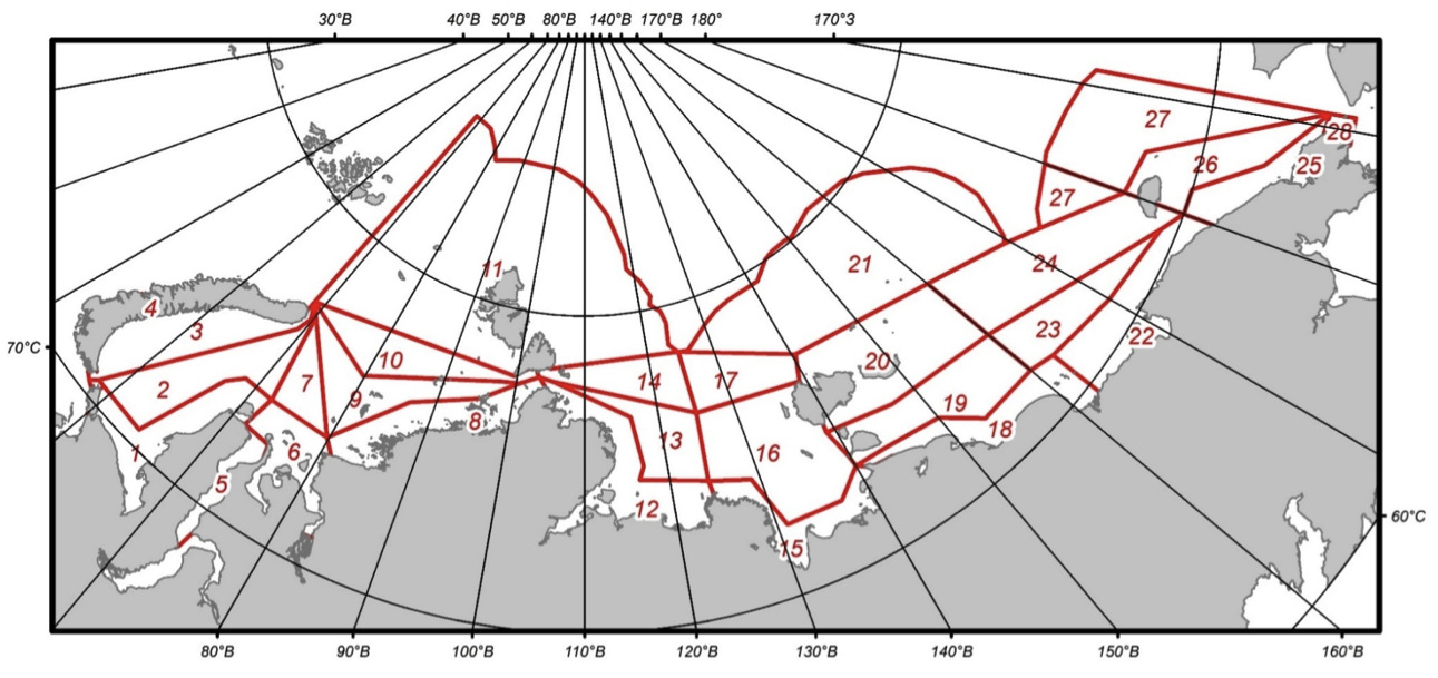 28 Shipping Zones on the Northern Sea Route 28 Shipping Zones on the Northern Sea Route // De 28 foreslåtte navigeringssonene langs den nordlige sjøruten. (Kart: Det russiske transportdepartementet)
