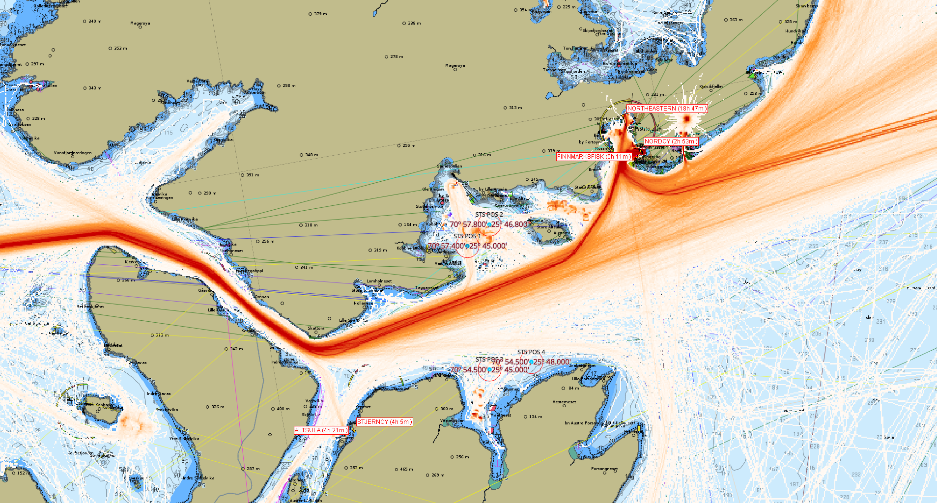 Kystverket showing the busy shipping lanes around Honningsvåg in relation to the four approved LNG transshipment areas. Source: Courtesy of Kystverket // Kystverket viser de travle skipsledene rundt Honningsvåg i forbindelse med de fire godkjente LNG-omlastingsområdene. (Illustrasjon: Kystverket)