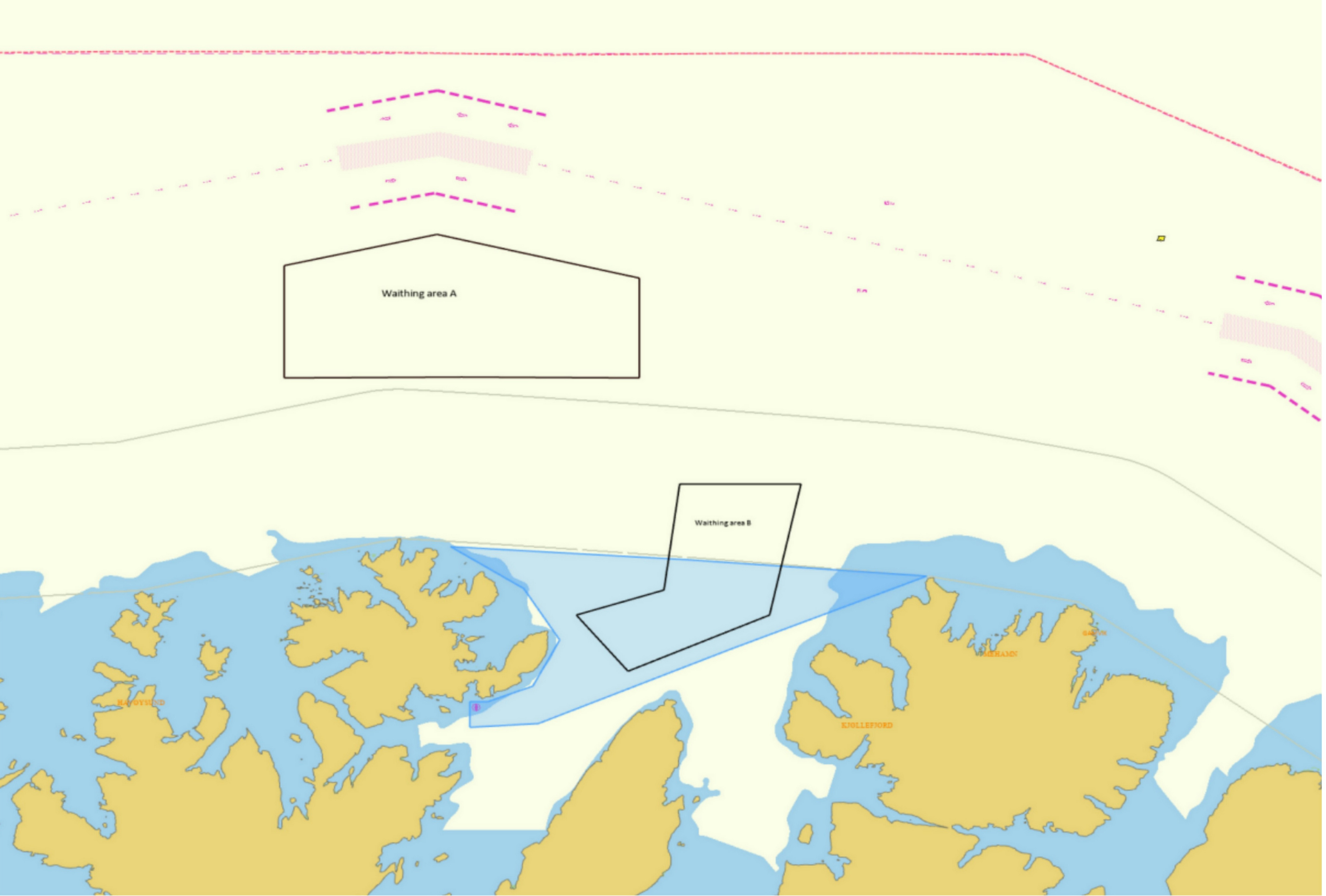 Waiting Areas A and B to the north and northeast of Honningsvåg Source: Courtesy of Kystverket // Venteområdene A og B nord og nordøst for Honningsvåg. (Illustrasjon: Kystverket)