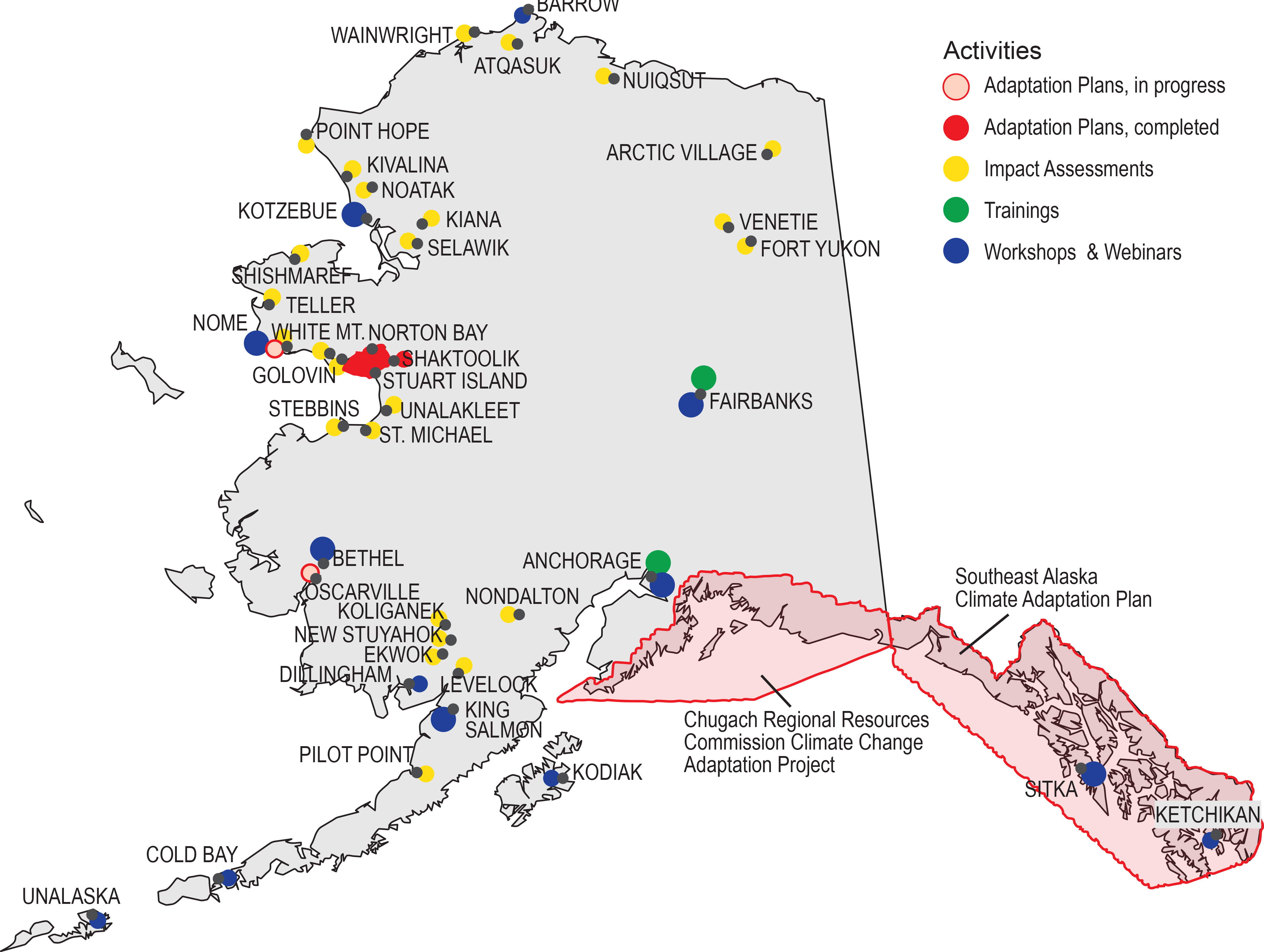 Map of tribal climate adoption planning efforts in Alaska. (Source: US Global Change Research Program, adapted from Meeker and Kettle 2017).