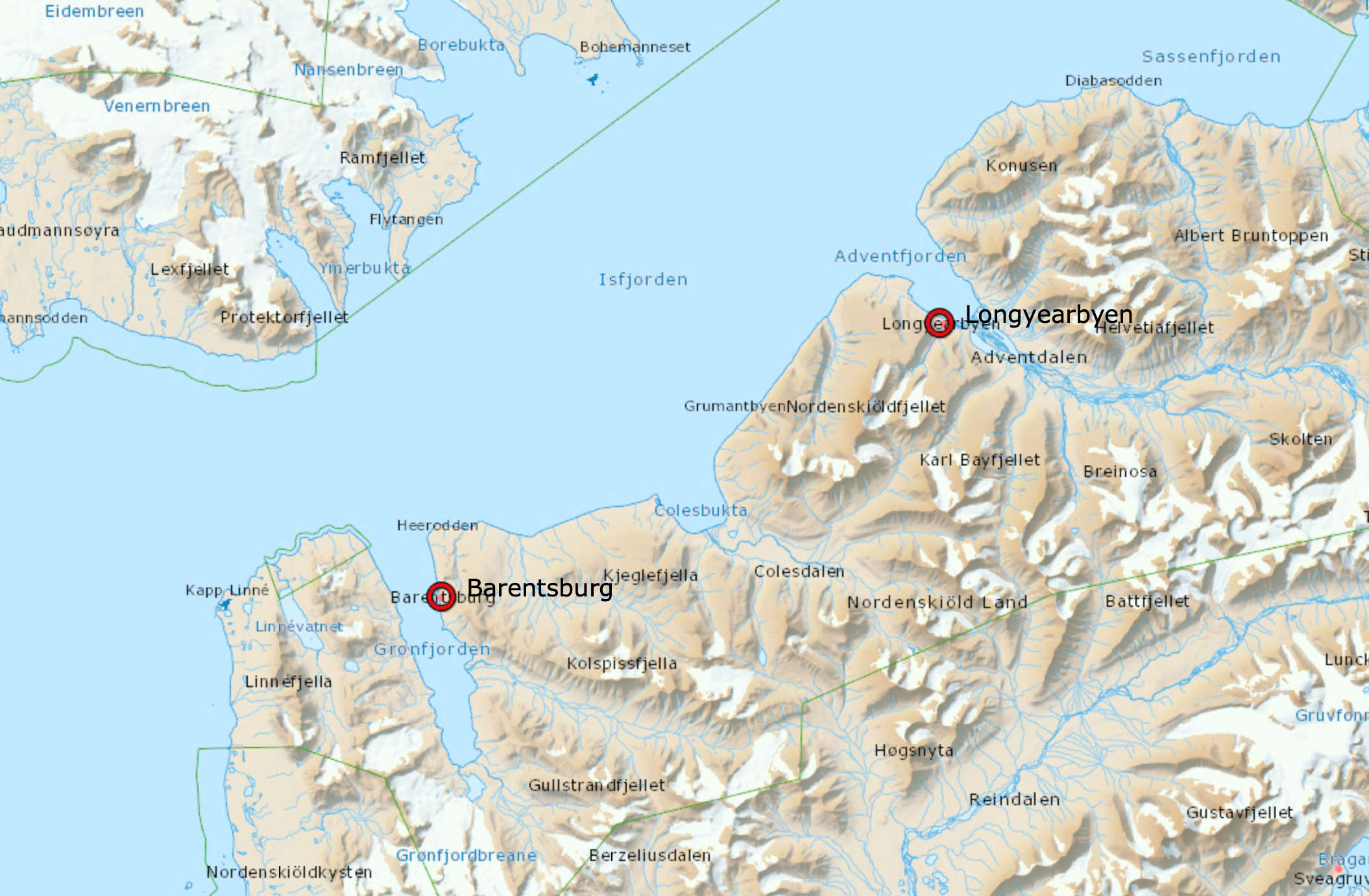 Barentsburg. Kart: TopoSvalbard/Norsk Polarinstitutt. Kart: TopoSvalbard/Norsk Polarinstitutt.