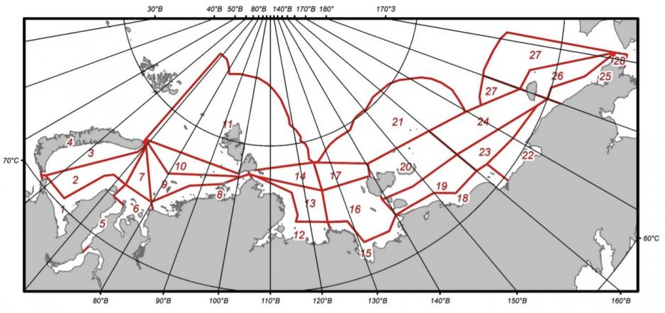 28 Shipping Zones on the Northern Sea Route 28 Shipping Zones on the Northern Sea Route // De 28 foreslåtte navigeringssonene langs den nordlige sjøruten. (Kart: Det russiske transportdepartementet)