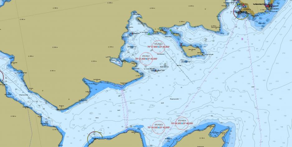 Kystverket map showing STS Positions One and Two to the west of Honningsvåg and Positions Three and Four to the southwest. (Source: Courtesy of Kystverket). // Kystverkets kart viser STS’ omlastingsområde en og to vest for Honningsvåg, og område tre og fire lenger sørvest. (Illustrasjon: Kystverket).