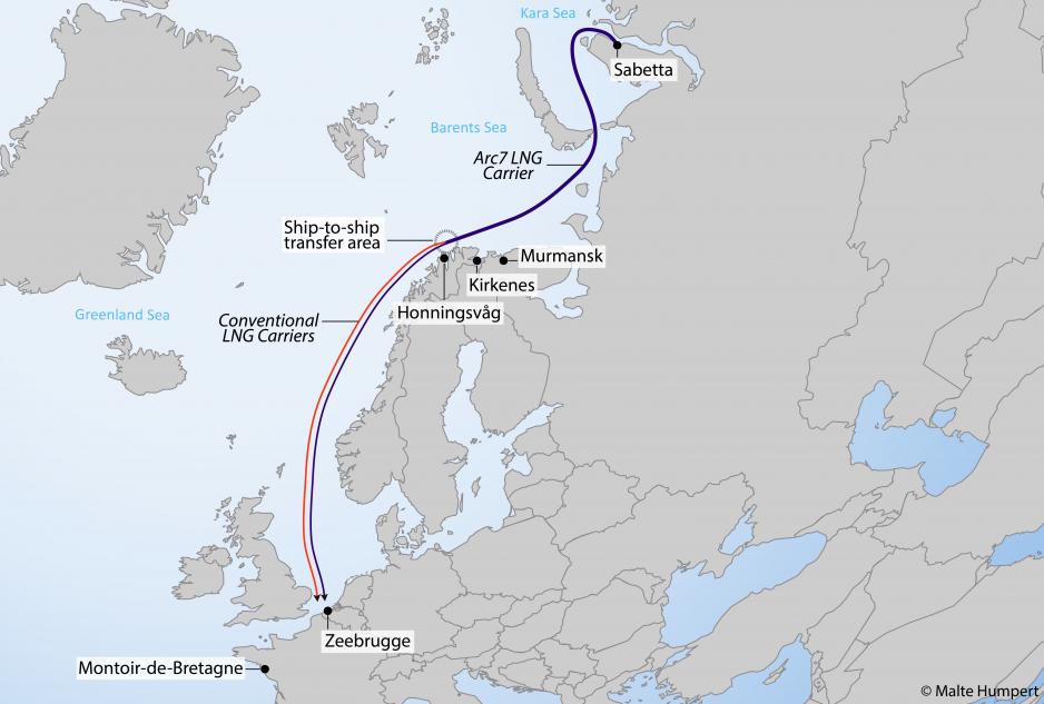 Map showing Novatek’s winter operation delivering LNG from Sabetta to Europe onboard Arc7 carriers or conventional carriers after ship-to-ship transfer off northern Norway. (Source: Author's own work)