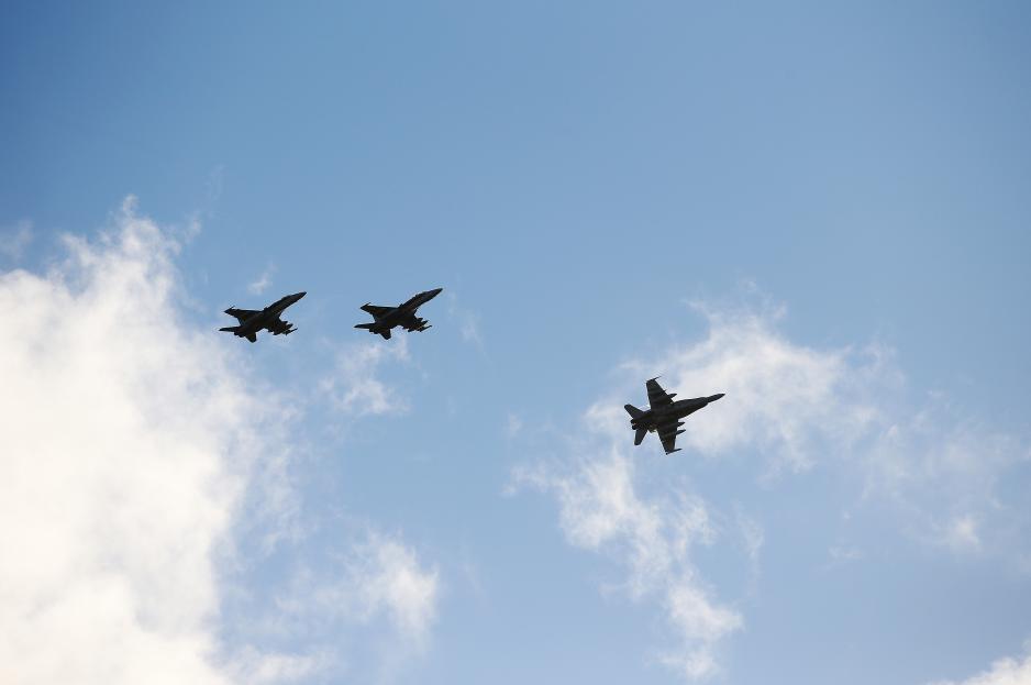 Three American F/A-18 Hornet over Ørland Air Station during exercise Trident Juncture 2018 in Norway Source: Torbjørn Kjosvold/Forsvaret.