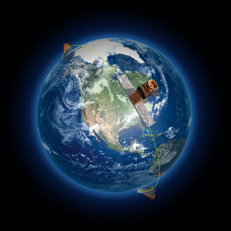 The three satellites of the RADARSAT Constellation Mission will be placed in the same orbital plane and provide up to four “visits” per day to the Arctic. (Photo credit: Canadian Space Agency) arctic surveillance