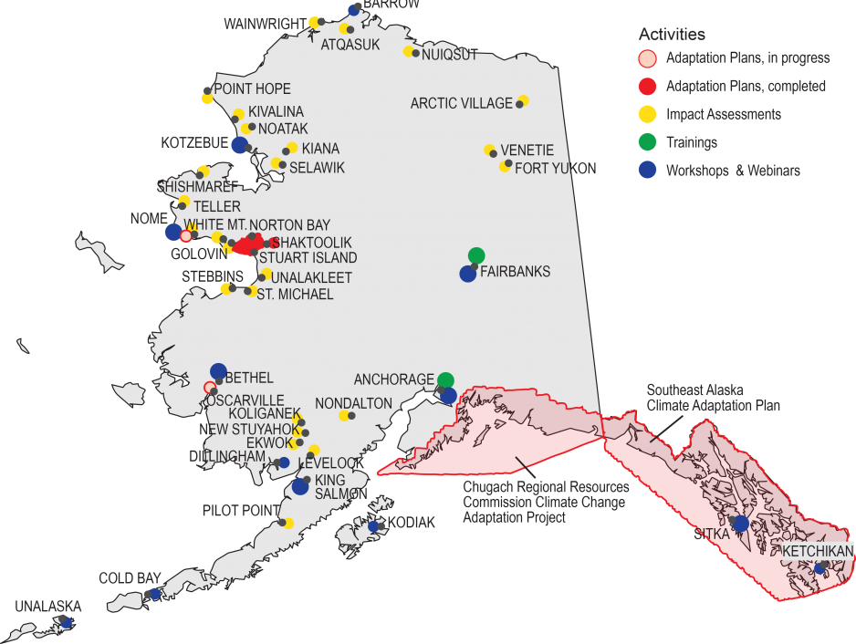 Map of tribal climate adoption planning efforts in Alaska. (Source: US Global Change Research Program, adapted from Meeker and Kettle 2017). Map of tribal climate adoption planning efforts in Alaska. (Source: US Global Change Research Program, adapted from Meeker and Kettle 2017).