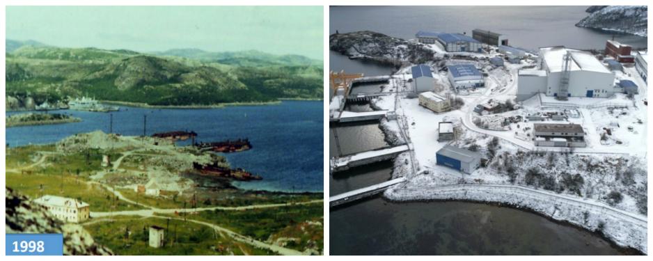 Det har absolutt skjedd en utvikling til det bedre når det kommer til oppryddingen i atomavfall ved Andrejevbukta. Foto fra Bellona viser området i 1998 og i dag. (Foto: Bellona).