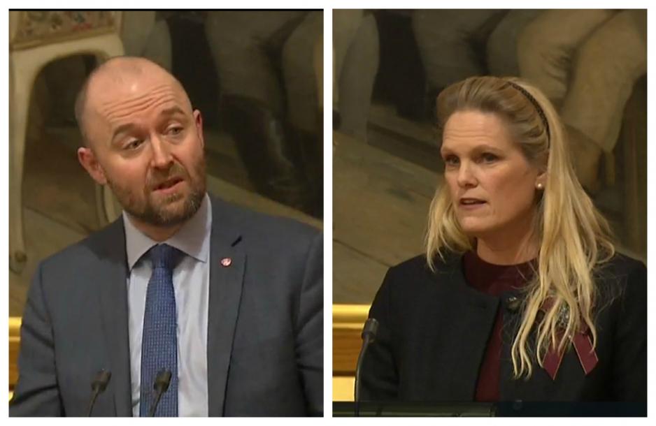 Arbeiderpartiets Eirik Sivertsen og statsråden for samfunnssikkerhet, Ingvil Smines Tybring-Gjedde (FrP) er sterkt uenige om kapasiteten på beredskapen for søk og redning i nord. (Montasje av skjermdump fra Stortinget).