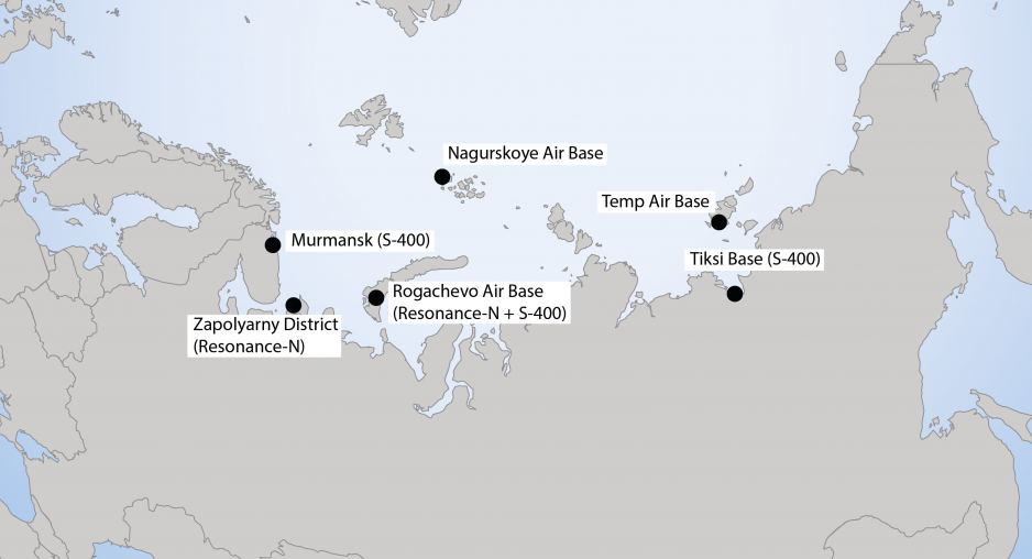Location of select Russian military bases, including Resonance-N radar and S-400 anti-aircraft installations. (Source: Author's own work) military bases