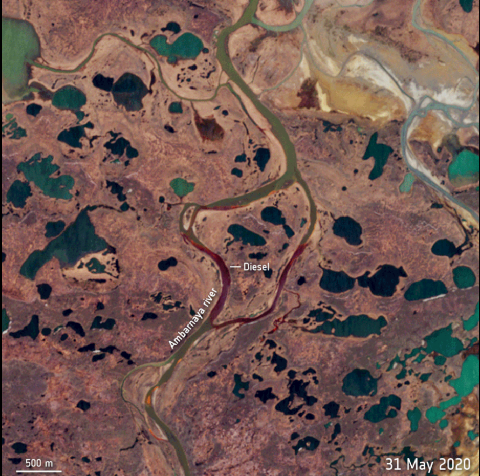 Extent of the Nornickel oil spill as seen by Sentinel-2 satellite. Extent of the Nornickel oil spill as seen by Sentinel-2 satellite.