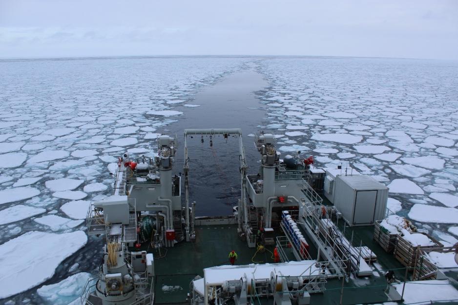 Broken-up sea ice floes in the marginal ice zone of the Barents Sea, March 2021.