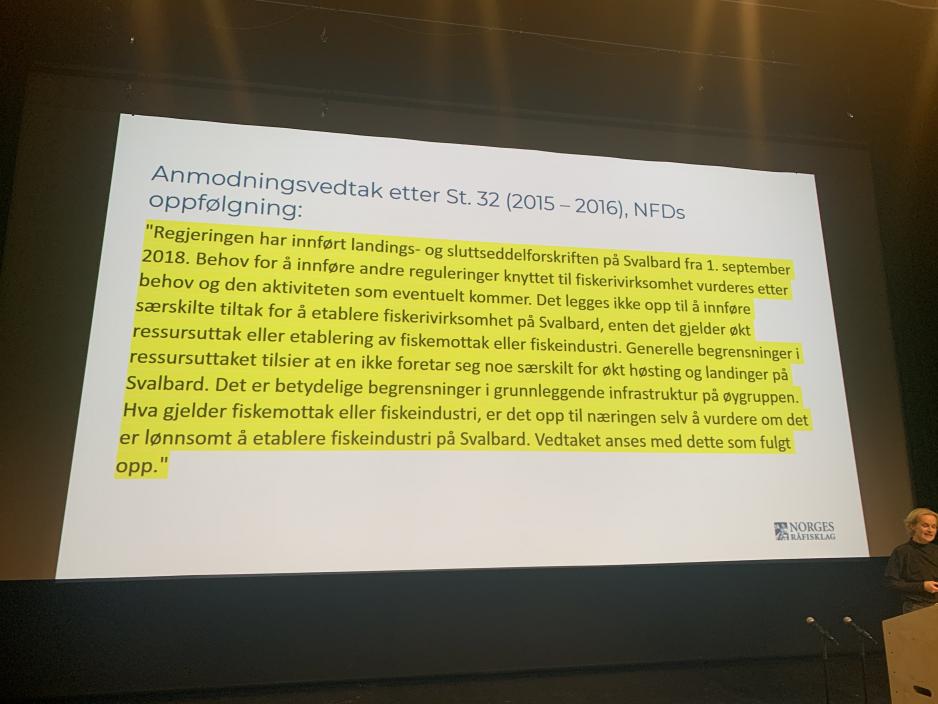 Utdrag frå Nærings- og fiskeridepartementet der dei konkluderer med at stortingsmeldinga er følgt opp på Svalbard.