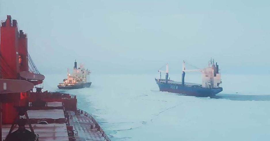 Ice-strengthened supramax Kumpula (Arc 4) on the NSR being escorted by nuclear icebreaker Vaygach Ice-strengthened supramax Kumpula (Arc 4) on the NSR being escorted by nuclear icebreaker Vaygach