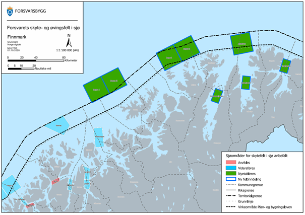 Forsvarets skyte- og øvingsfelt i sjø på finnmarkskysten. (Ill: Forsvarsbygg) Forsvarets skyte- og øvingsfelt i sjø på finnmarkskysten. (Ill: Forsvarsbygg)