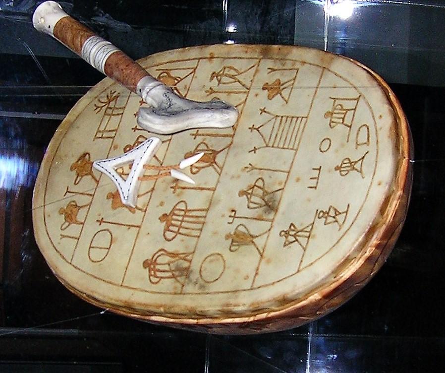 Copy of the rune drum belonging to Anders Poulson in Museum of cultural history in Oslo, Norway. The rune drum was confiscated by the authorities of Vadsø in 1691. In 1694 it was transfered to the Royal Art Cabinet in Copenhagen, Since 1979, it has been kept in the saami Museum in Karasjok, county of Finnmark, Norway. Kopi av Anders Poulsons runebomme.