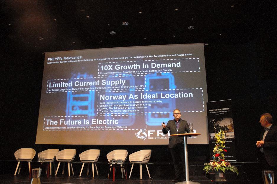 Administrerende direktør Tom Jensen i Freyr presenterte batterifabrikken under High North Dialogue 2019 i Bodø Tom Jensen, Freyr. HND19.