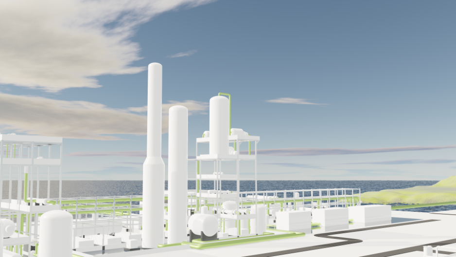 St1 og Horisont tar neste skritt for å realisere sine planer om å bygge en fabrikk for produksjon av grønn ammoniakk i Finnmark basert på fornybar energi. (Illustrasjon) Fabrikk for produksjon av grønn ammoniakk