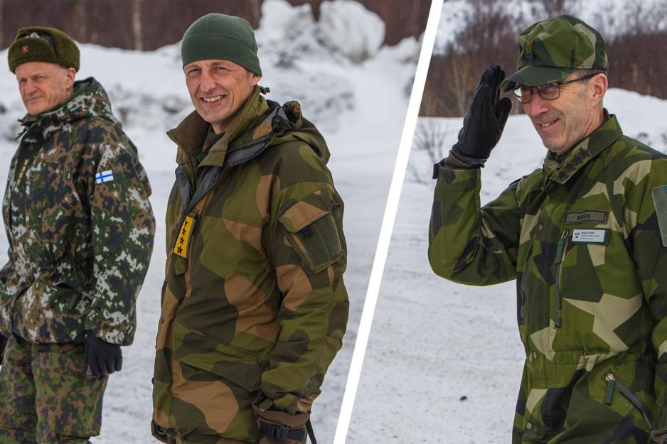 De nordiske forsvarssjefene besøkte den svensk-finske brigadens hovedkvarter på Blåtind skyte- og øvingsfelt i Troms fylke under Cold Response. (Fotomontasje: Runar Røssevold/Forsvaret).