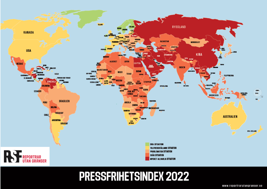 Kart Pressefrihetens index 2022.