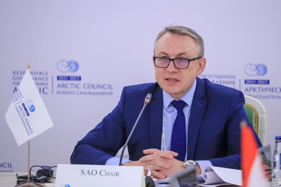Nikolaj Korchunov, Russlands arktiske ambassadør og leder for det russiske formannskapet i Arktisk råd, under et plenumsmøte for arktiske embetsmenn høsten 2021. (Foto: Vyacheslav Viktorov/Roscongress).