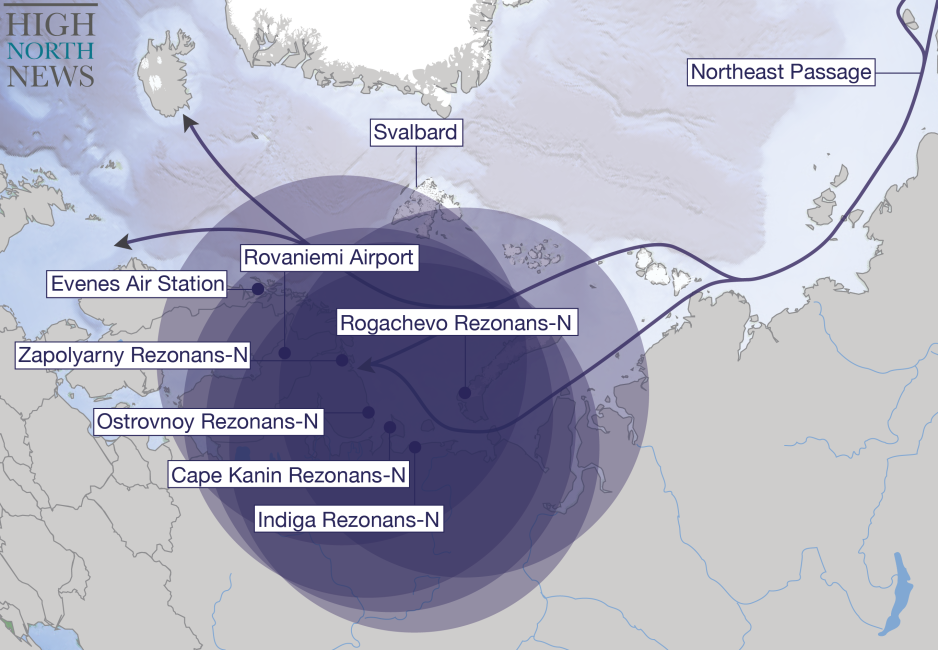 Radar coverage area of the five Arctic Rezonans-N installations. Rezonans-N