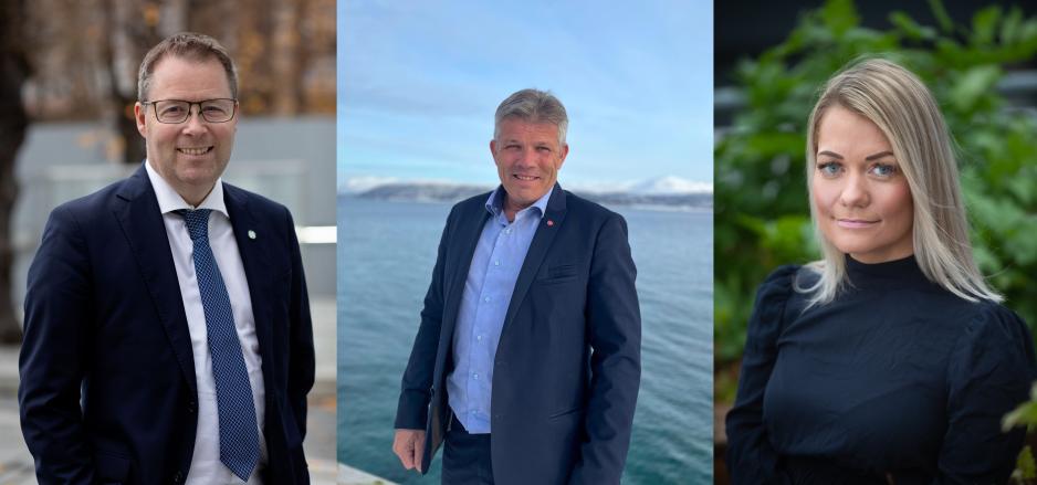 Forsvarsminister Bjørn Arild Gram (Sp), fiskeri- og havminister Bjørnar Skjæran (Ap) og landbruks- og matminister Sandra Borch (Sp) skal presentere forslaget til statsbudsjettet nordpå. (Foto: Trond A. Isaksen/Forsvarsdepartementet; Emil Bremnes/Nærings- og fiskeridepartementet; Torbjørn Tandberg/Landbruks- og matdepartementet)