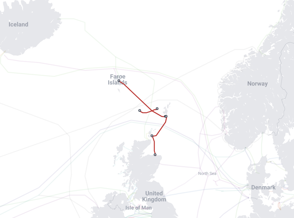 The SHEFA-2 undersea cable linking the Faroe Islands to mainland Scotland via the Shetland and Orkney Islands. (Source: Courtesy of submarinecablemap.com) SHEFA-2