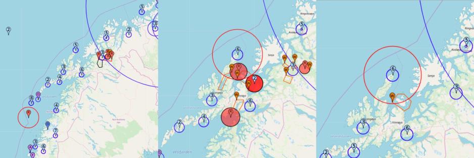 Notices to Airmen-kart for henholdsvis sist torsdag (24.11), mandag (28.11) og tirsdag (29.11). Militære operasjonsområder er merket med rød farge. Disse viser både øvingsfelt innenfor rammen av Arctic Bolt og Flotex. Områder merket med oransje farge viser til «ubemannede flygninger», mest trolig droneflyginger i militær regi. Kystjegerkommandoen i Harstad står i spissen for Sjøforsvarets arbeid med droneutvikling. (Skjermdump fra NOTAM Info)