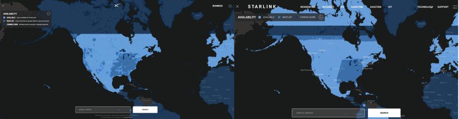 Coverage before October 2022 on the left and current coverage on the right. The darker strip across North America and Scandinavia will receive coverage by early 2023. (Source: SpaceX) coverage
