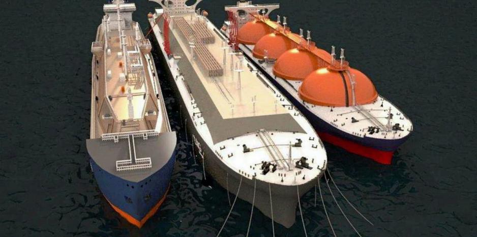 Illustration of an Arc7 LNG carrier on the left, LNG barge in the center, and conventional LNG on the right conducting ship-to-ship transfer of LNG. (Source: MOL) transshipment hub