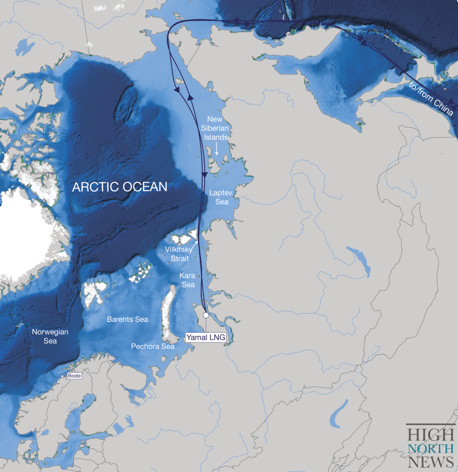 Approximate route of the Vladimir Voronin from Sabetta to Caofeidian (Tangshan) and return to Sabetta. (Source: Author’s own work) Vladimir Voronin
