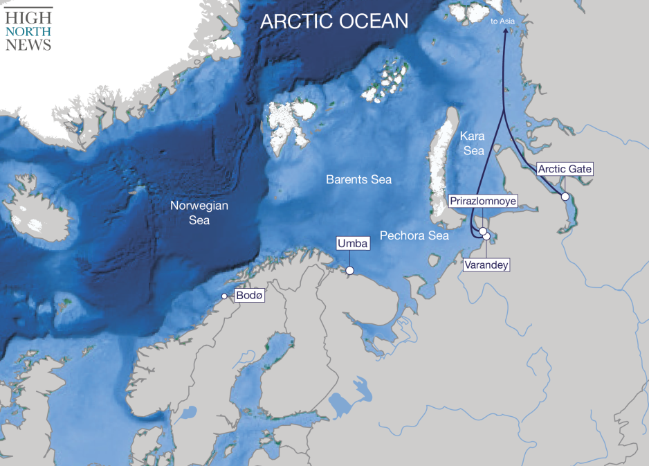 Oil shipping routes from Arctic production sites directly to Asia without reloading at Umba. (Source: Author’s own work) nsr shipping