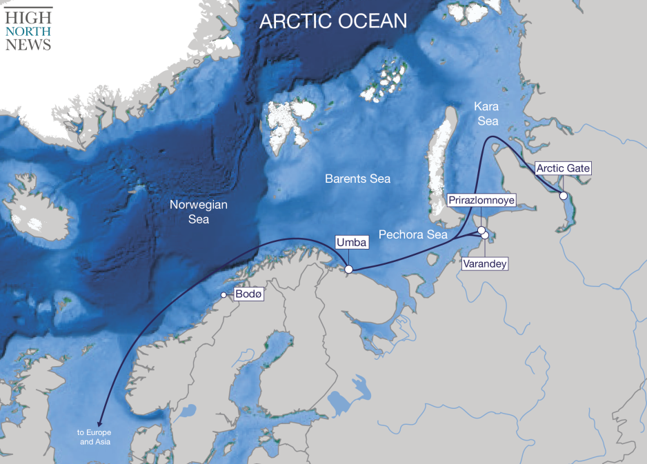 Oil shipping routes from Arctic production sites to Umba and onward to Europe or Asia. (Source: Author’s own work) oil shipping europe