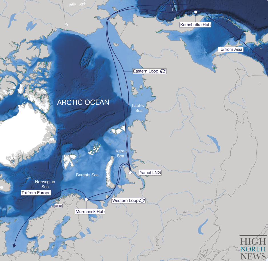 Shipping routes from Yamal LNG to Europe and Asia with future transshipment hubs near Murmansk and Kamchatka. (Source: Author’s own work) routes
