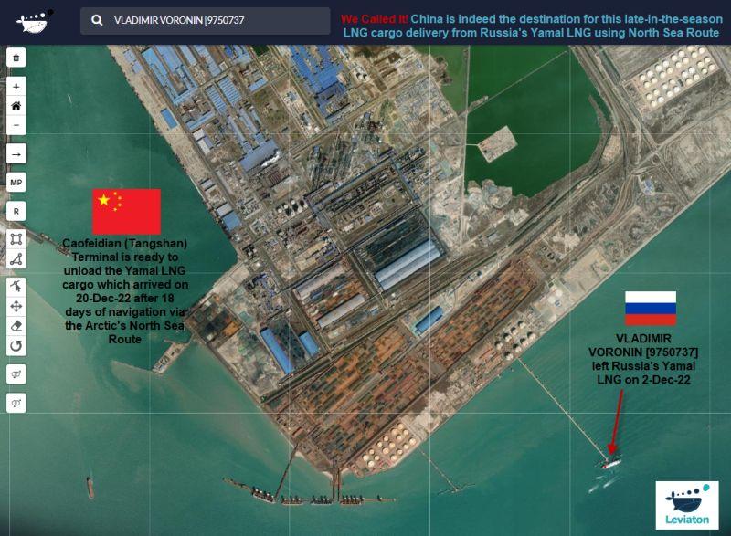 Arc7 LNG Carrier Vladimir Voronin at the Caofeidian (Tangshan) LNG terminal on 20 December 2022. (Source: Leviaton) Voronin in China