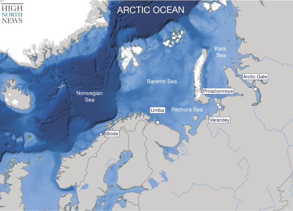Location of Russia’s Arctic oil production and Umba transshipment facility. (Source: Author’s own work) arctic oil locations