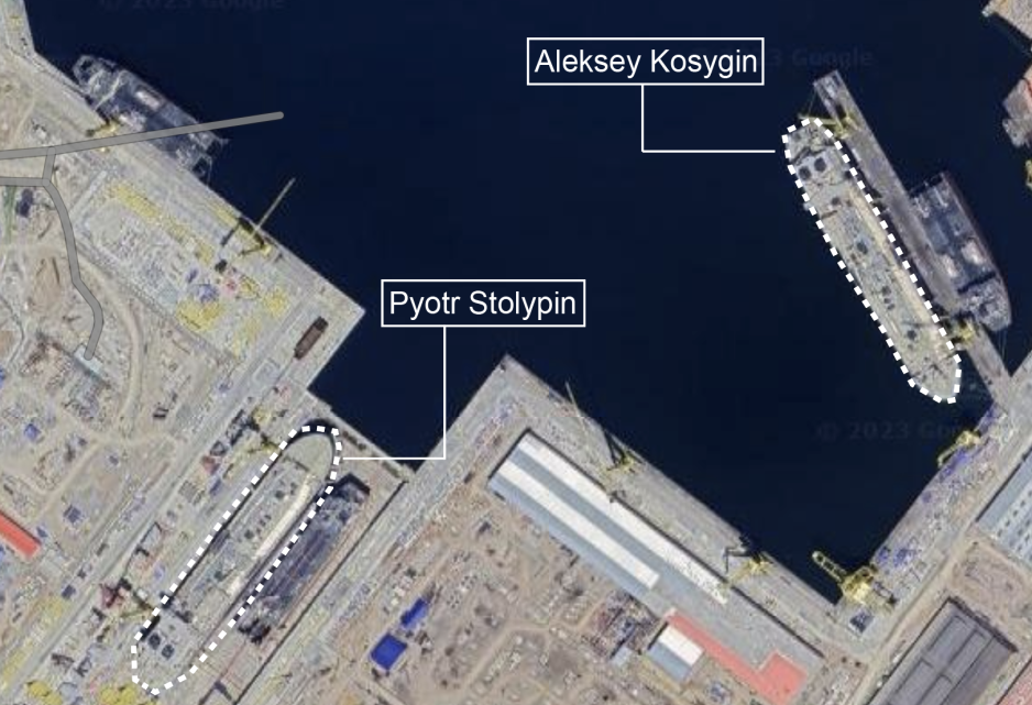 Aleksey Kosygin and Pyotr Stolypin in the Zvezda shipyard complex. (Source: Google Earth) Pyotr Stolypin