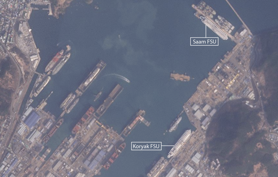 Saam FSU and Koryak FSU moored at DSME’s Okpo shipyard 9 February 2023. (Source: Airbus) February 9 saam Koryak