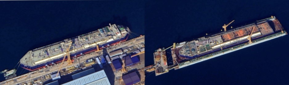 Saam FSU (СААМ ПХГ) (Hull 2512/IMO: 9915090) and Koryak FSU (КОРЯК ПХГ) (Hull 2513/IMO: 9915105) at DSME’s Okpo shipyard in Fall 2021. (Source: Airbus/Google Earth) Saam Koryak Fall 2021.