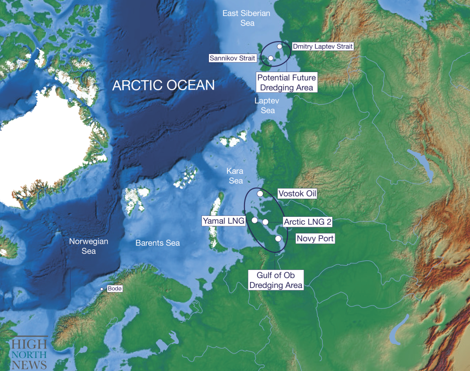 Gulf of Ob Dredging area and location of Russian oil and gas projects and potential future dredging area. (Source: Author’s own work) High North News HNN shallow waater dredging Ob Bay Gulf-03