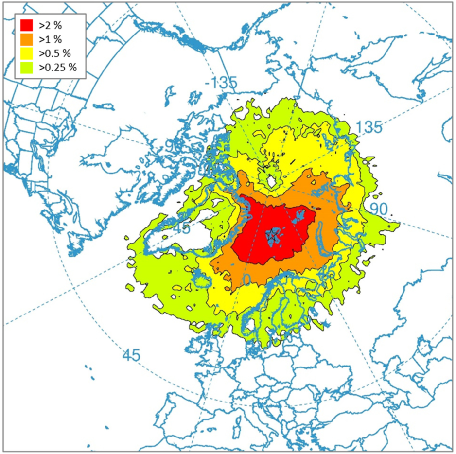 An air mass trajectory frequency plot from the study showing which air masses ended at the Lomonosovfonna drilling site 2007–2018. (Source: William F. Hartz et al.) air mass flow