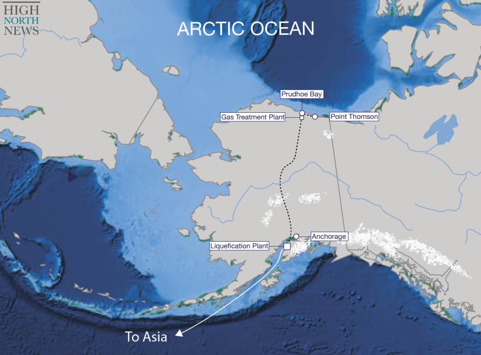 Map showing approximate route of Alaska LNG pipeline from North Slope to Kenai Peninsula. (Source: Author’s own work) High North News Alaska LNG Map