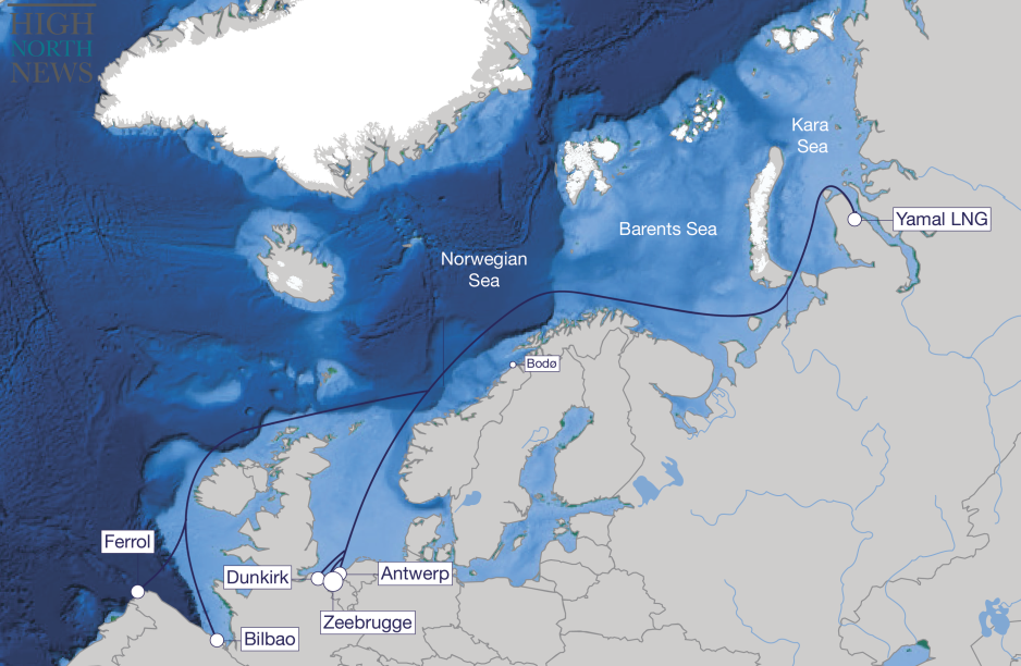 Map showing the flow of LNG from Yamal to ports in Western Europe. (Source: Author’s own work) High North News LNG Import routes France Spain Belgium-03