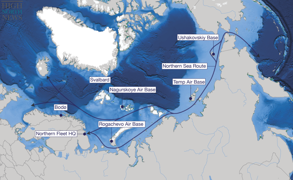 Map showing four major Russian Arctic bases along the Northern Sea Route in relation to Svalbard and Bodø. (Source: Author’s own work) High North News Satellite Maps 2022-02