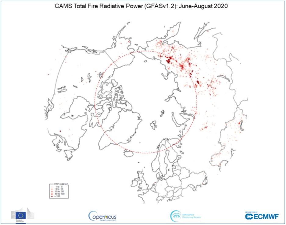 Arktiske skogbranner slapp ut anslagsvis 16 millioner tonn karbon i 2021. Dette var den fjerde høyeste mengden siden Copernicus startet med datainnsamling i 2003, men betydelig lavere enn rekordmengden som i 2020. (© European Centre for Medium-Range Weather Forecasts-ECMWF) Sibir brann © ECMWF.