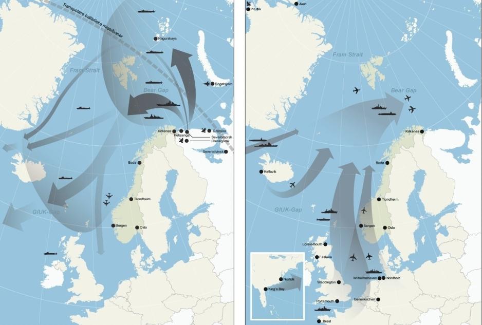 Til venstre: Illustrasjon av typisk russisk militær opptreden i norske nærområder. Russlands strategi med å etablere sjøkontroll i nord overlapper med Norges interesseområder og territorialfarvann. Til høyre: Illustrasjon av allierte operasjoner for å møte russisk aktivitet og forsøk på å etablere sjøkontroll. Flere av Natos viktigste patruljeområder overlapper med norske interesseområder. (Kilde: Forsvarskommisjonen av 2021, NOU 2023:14, s. 144-145). 