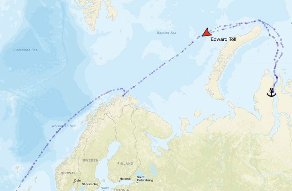 Route of Eduard Toll between April 28 and May 7, including the stop near Honningsvåg, Northern Norway. (Source: MarineTraffic.com) Eduard Toll